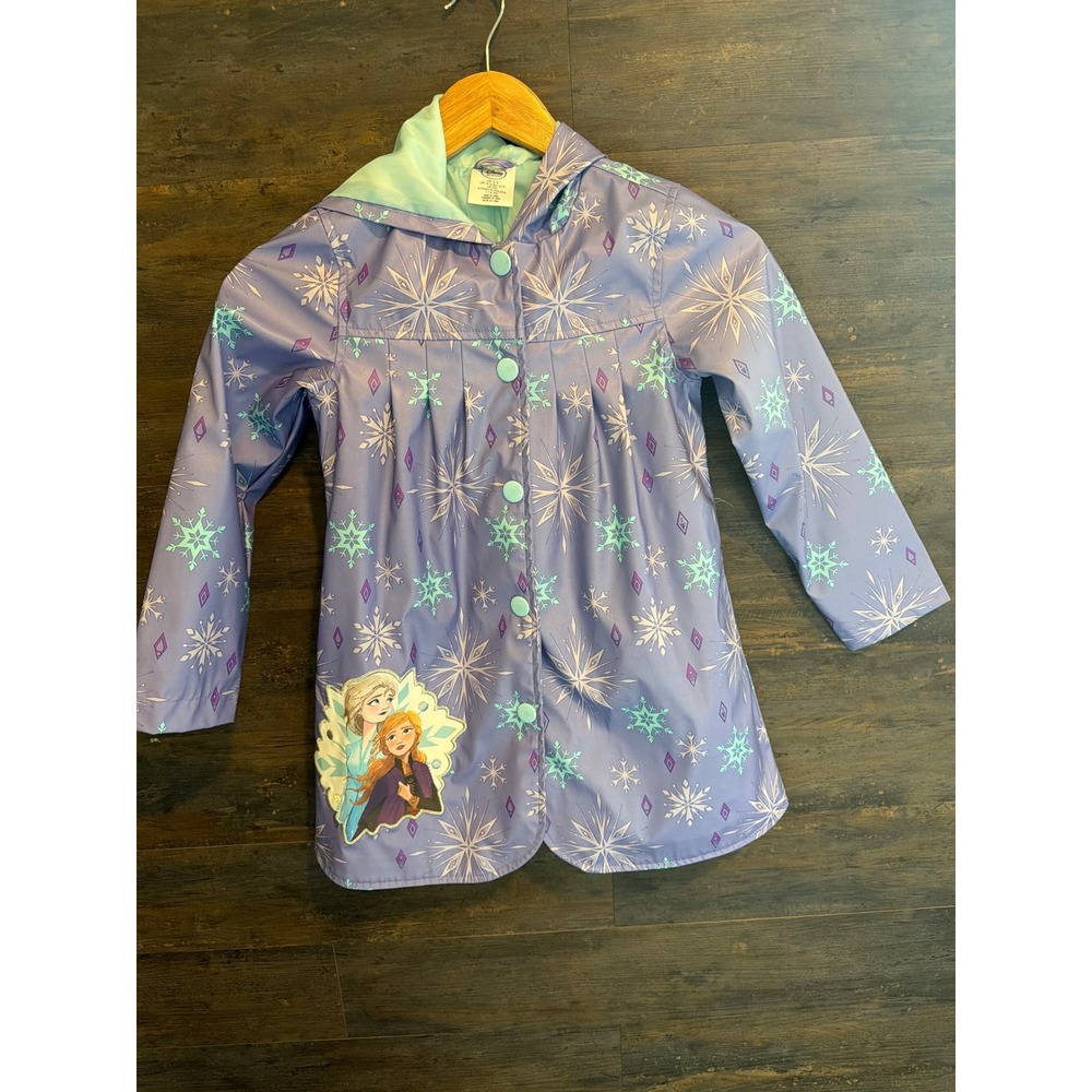 Disney Frozen Elsa Anna Rain Jacket Girls 5/6 Purple Snowflake Hooded Raincoat